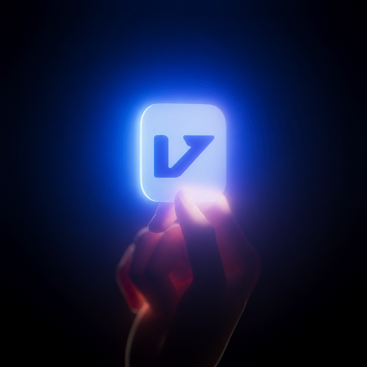 Hand holding a glowing VistaDeep tile against a dark background