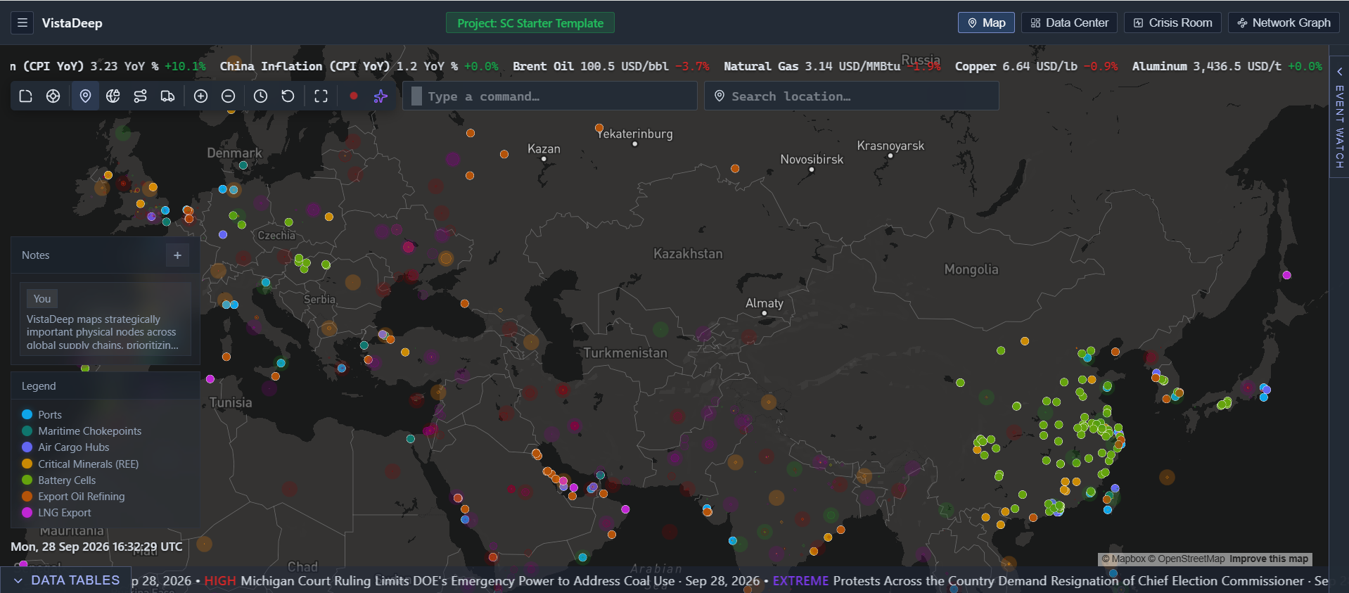 VistaDeep supply-chain map with facilities and live ticker
